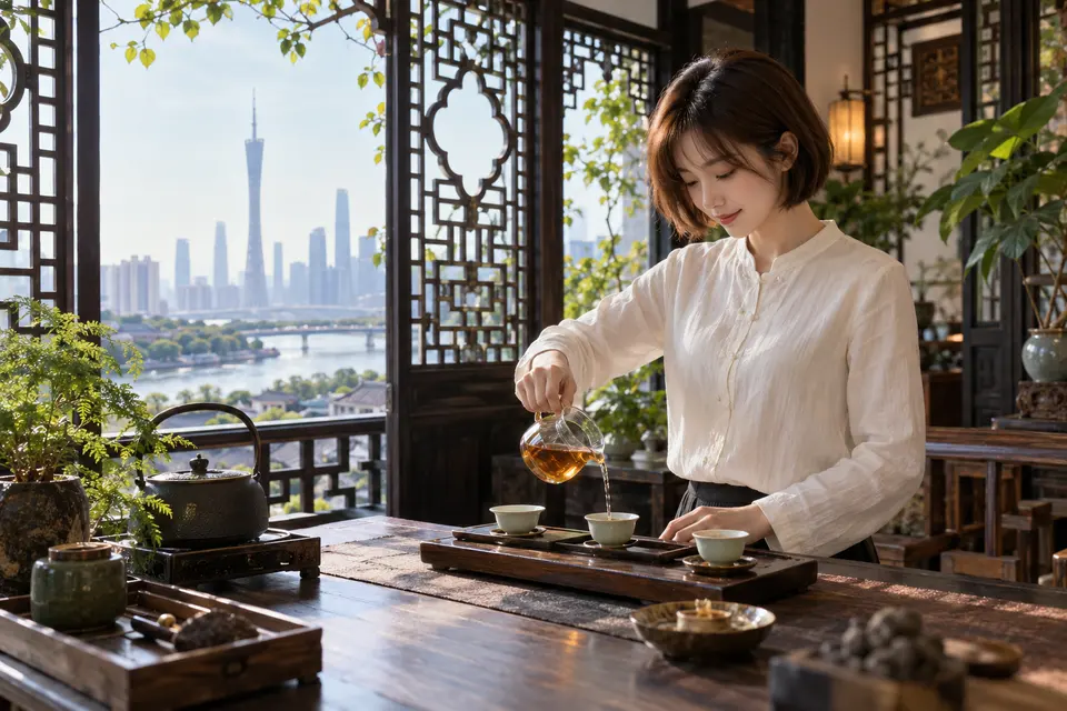 岭南花窗前的冲泡空间，公道杯与茶席陈设