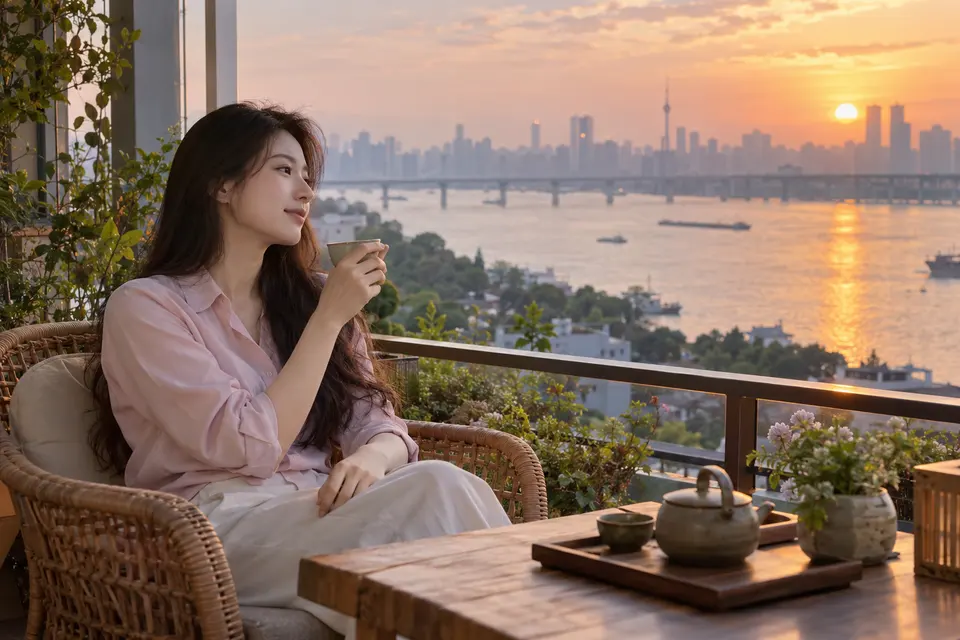 江边阳台夕照下的休闲品茶场景