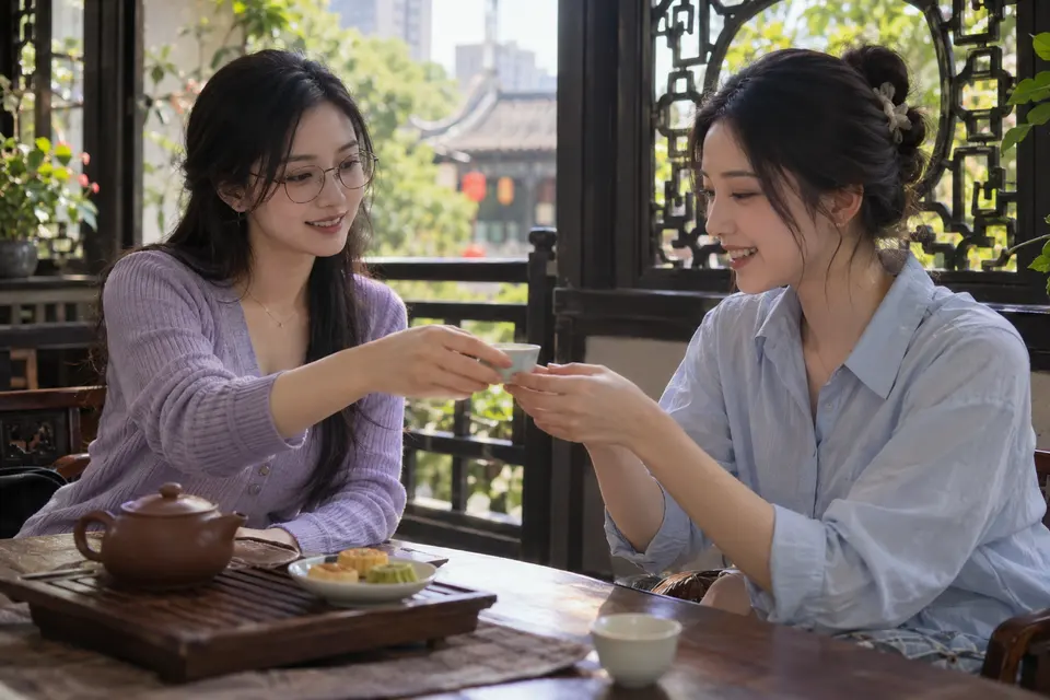 花窗前茶友围坐交流，桌上摆有茶杯与茶点