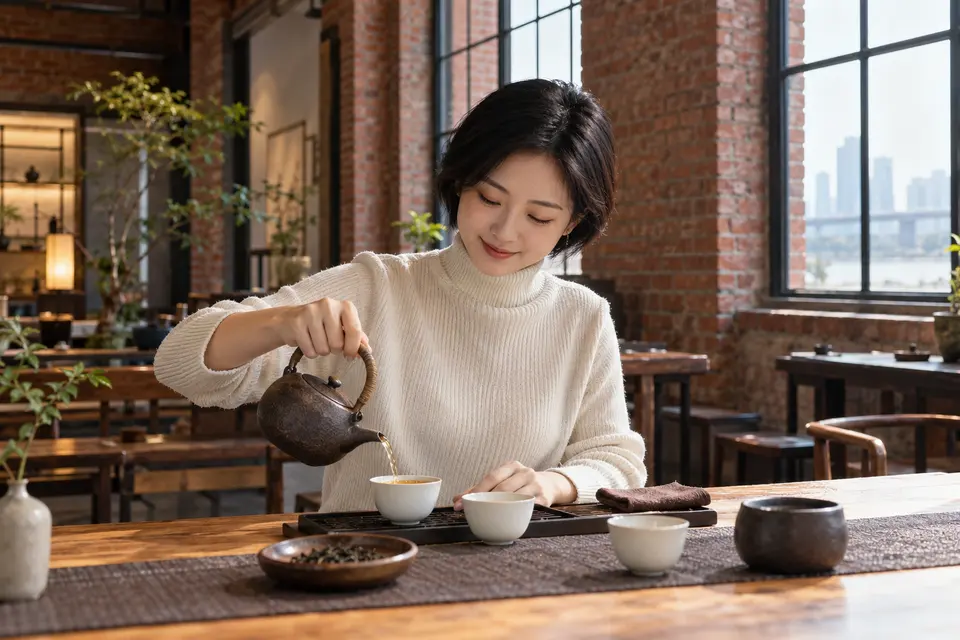 红砖空间中的陶壶倒茶与茶席布置