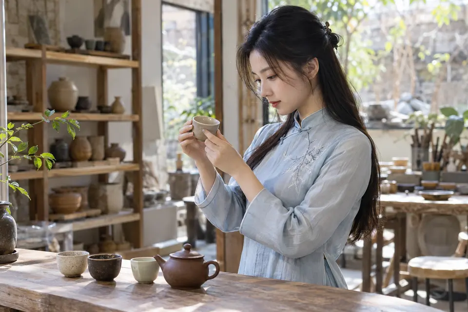 陶杯挑选与观察，手边陈列多只不同釉色茶杯
