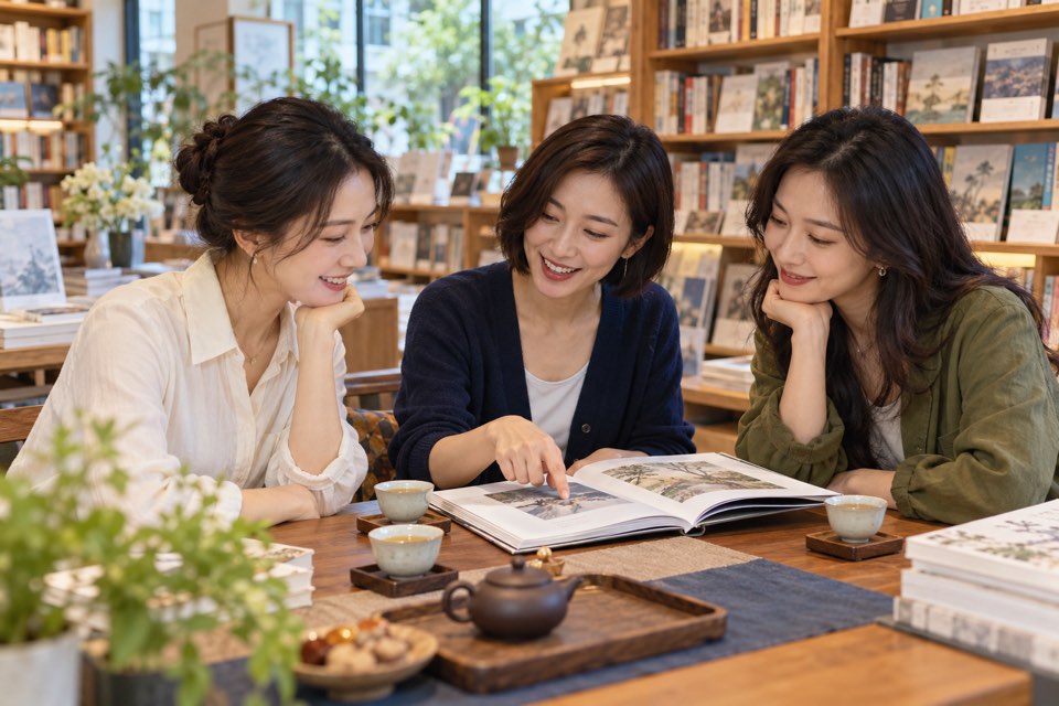 书店环境中茶友阅读与交流的画面