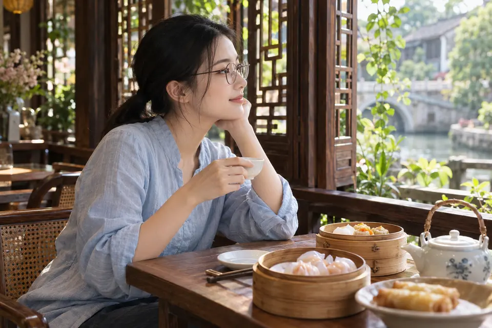 白瓷茶具与早茶点心同席摆放的场景